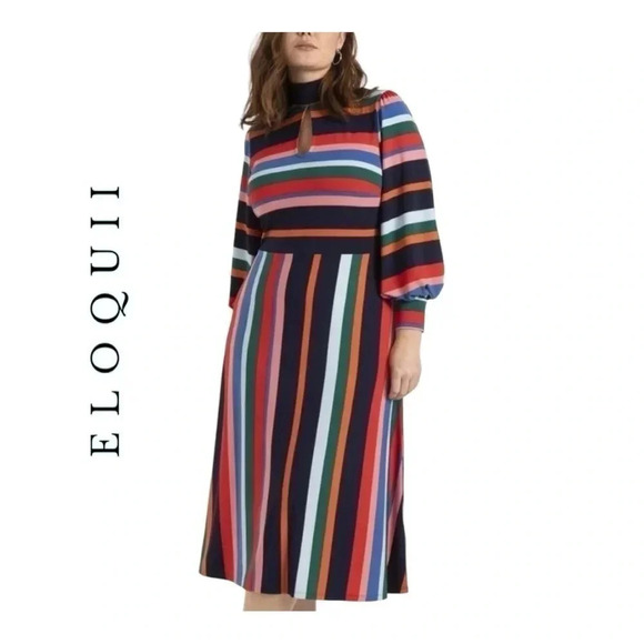 1033. ELOQUII MULTI COLOR STRIPE MIDI DRESS WITH TIE AROUND NECKLINE/KEYHOLE - Picture 1 of 13